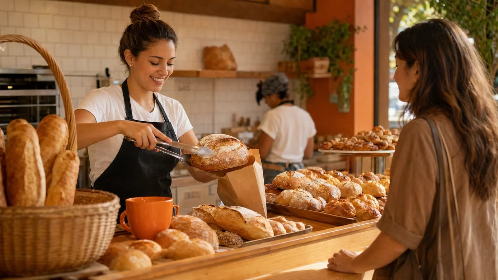 Padaria artesanal com pães frescos expostos