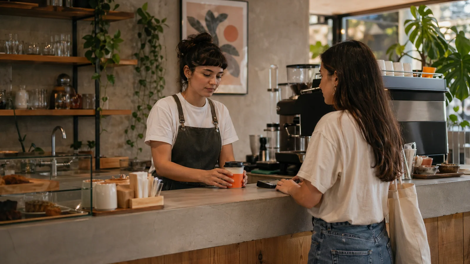 Cafeteria aconchegante com balcão e barista