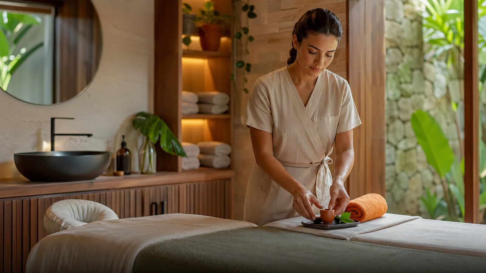 Ambiente relaxante de spa com velas e pétala de flores